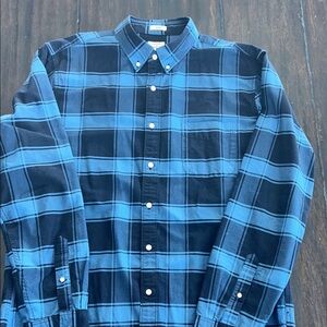 J. Crew Men's Navy and Black Plaid Button Down Shirt - Slim Sz L